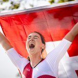 La joie de la championne du monde Franziska Matile-Dörig KEYSTONE/MICHAEL BUHOLZER